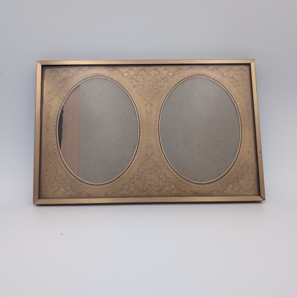 Vintage Gold Double Oval Picture Frame Ornate Embossed Floral Mat 9" Regency